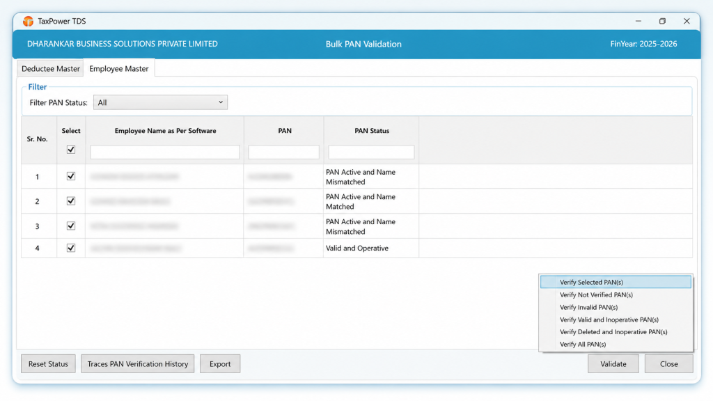 TaxPower TDS bulk PAN validation screen showing employee PAN status verification