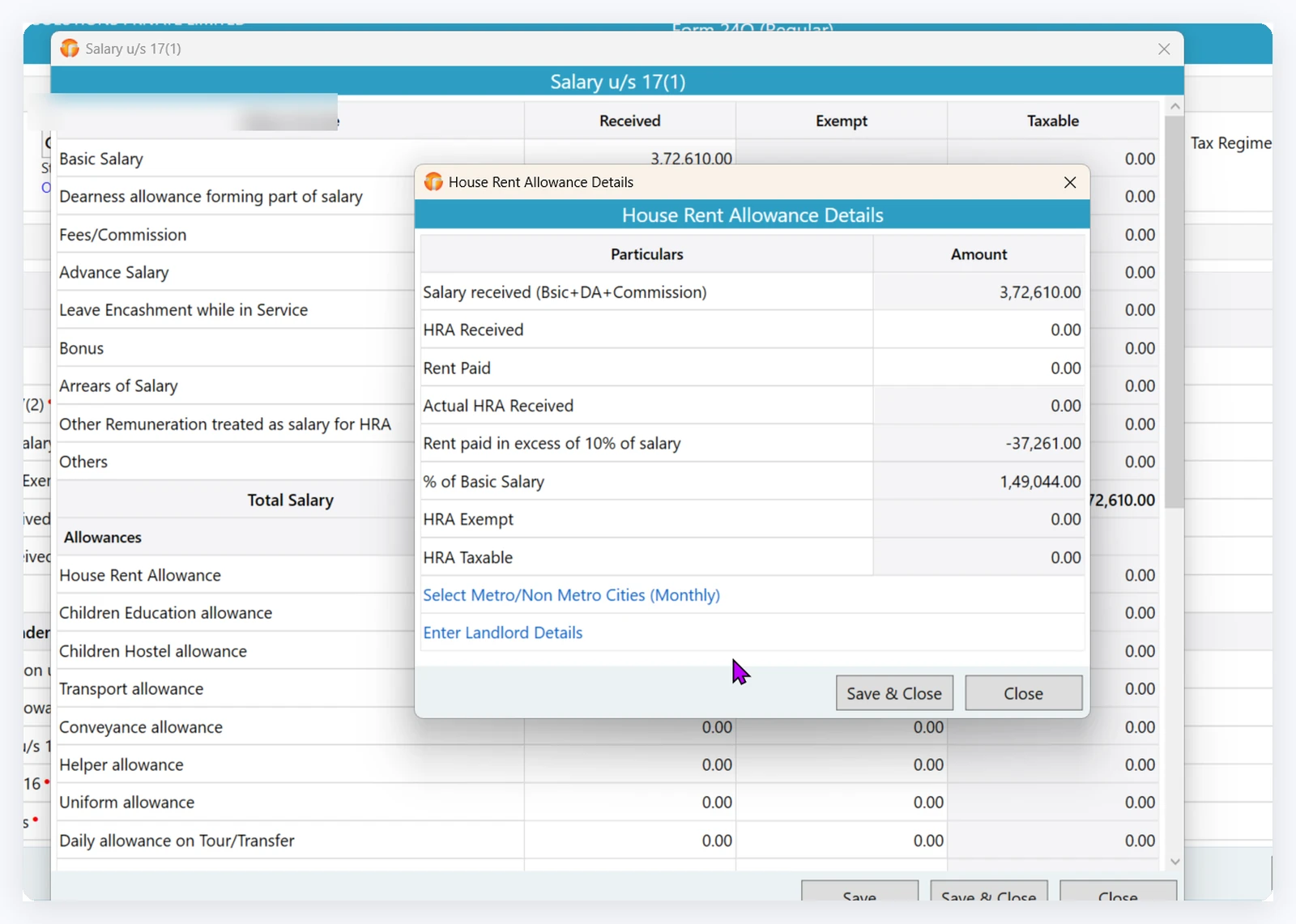 TaxPower TDS HRA computation screen for Form 24Q salary working